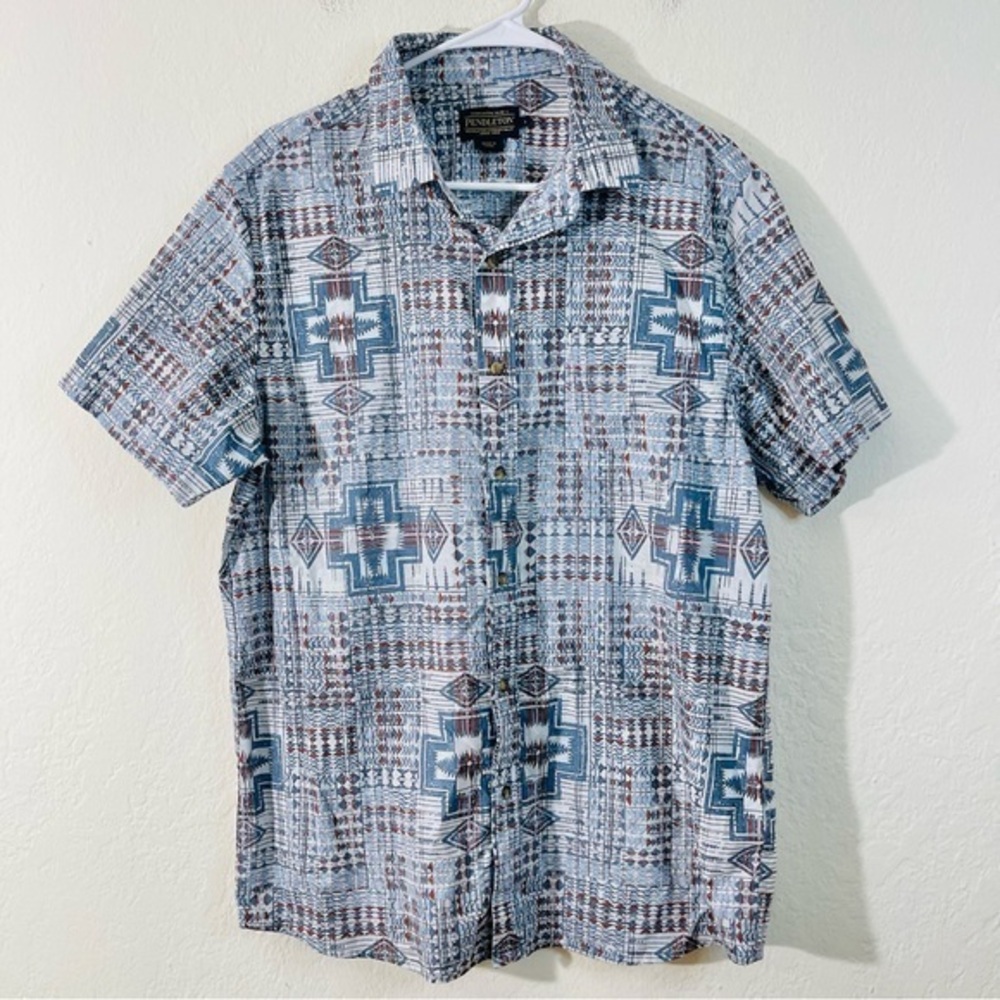Pendleton Shoreline Short Sleeve Button Down Shirt Men Size Large Blue/White